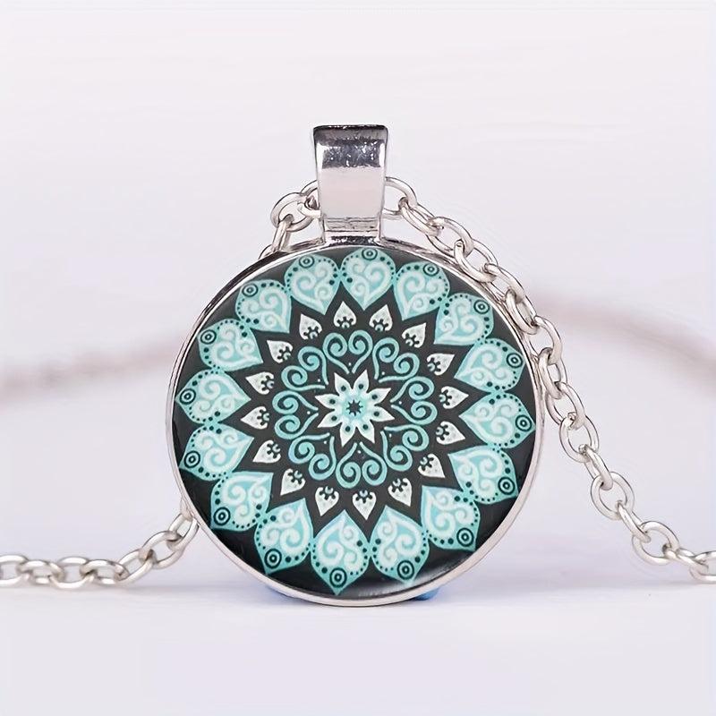 Round Flower Print Crystal Bead Pendant Necklace For Men And Women