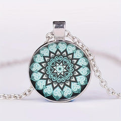 Round Flower Print Crystal Bead Pendant Necklace For Men And Women