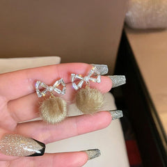 Silvery Stud Earrings Bow Diamond Earrings Female Temperament Hair Ball Earrings