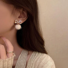 Silvery Stud Earrings Bow Diamond Earrings Female Temperament Hair Ball Earrings