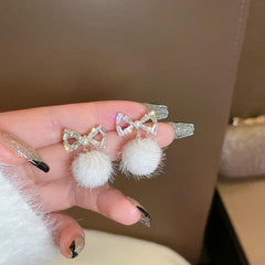 Silvery Stud Earrings Bow Diamond Earrings Female Temperament Hair Ball Earrings