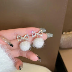 Silvery Stud Earrings Bow Diamond Earrings Female Temperament Hair Ball Earrings