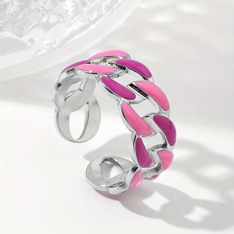 Steel Chain Open Ring with Pink Paint