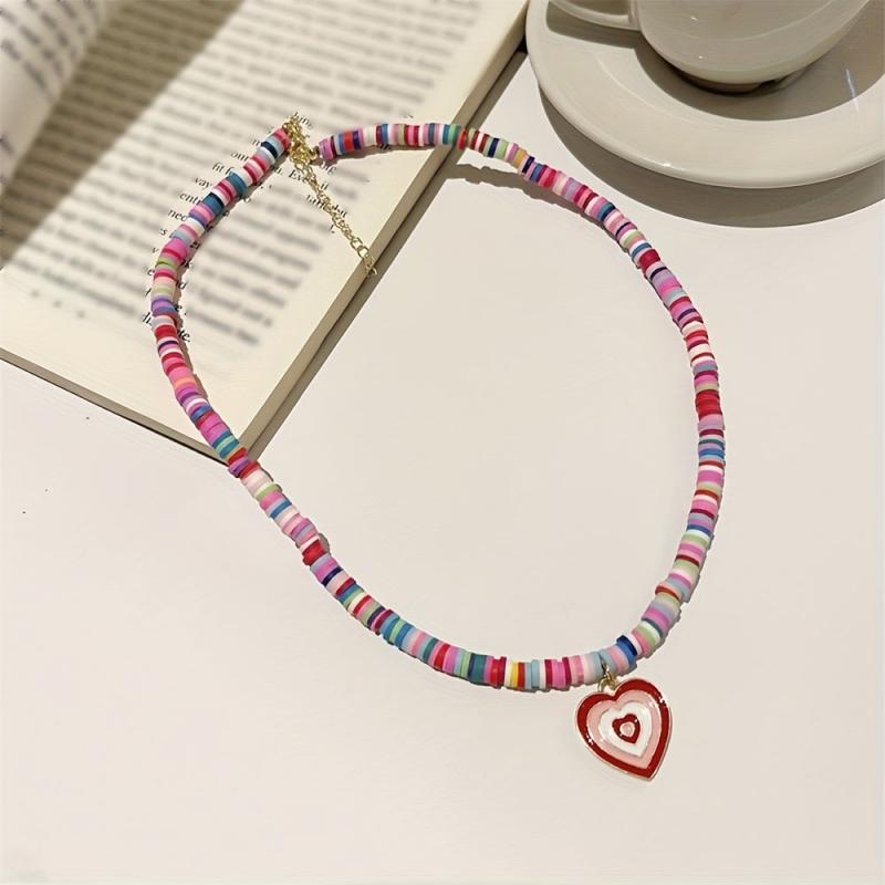 Boho Candy Soft Clay Necklace Heart Pendant Girl Collarbone Chain
