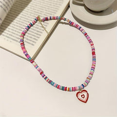 Boho Candy Soft Clay Necklace Heart Pendant Girl Collarbone Chain