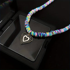 Boho Candy Soft Clay Necklace Heart Pendant Girl Collarbone Chain