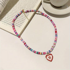 Boho Candy Soft Clay Necklace Heart Pendant Girl Collarbone Chain