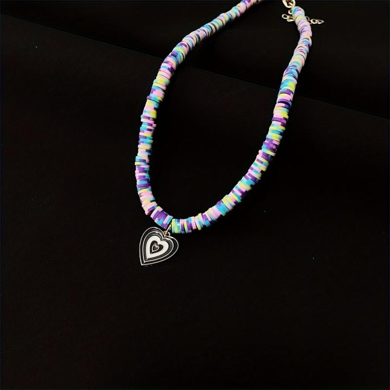 Boho Candy Soft Clay Necklace Heart Pendant Girl Collarbone Chain