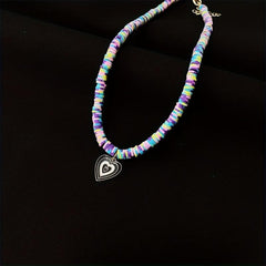 Boho Candy Soft Clay Necklace Heart Pendant Girl Collarbone Chain