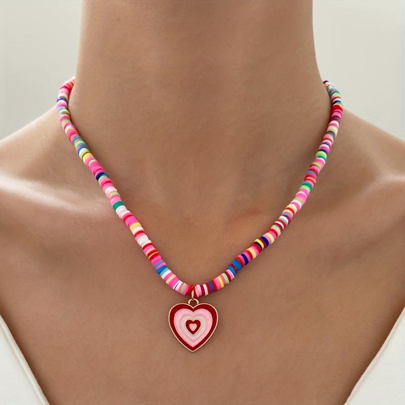 Boho Candy Soft Clay Necklace Heart Pendant Girl Collarbone Chain