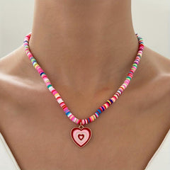 Boho Candy Soft Clay Necklace Heart Pendant Girl Collarbone Chain