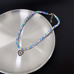 Boho Candy Soft Clay Necklace Heart Pendant Girl Collarbone Chain