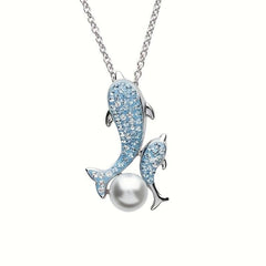 Women Dolphin Faux Pearl Rhinestone Pendant Necklace Sea Animal Jewelry