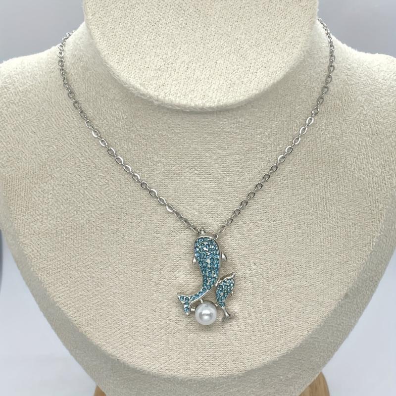 Women Dolphin Faux Pearl Rhinestone Pendant Necklace Sea Animal Jewelry