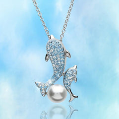 Women Dolphin Faux Pearl Rhinestone Pendant Necklace Sea Animal Jewelry