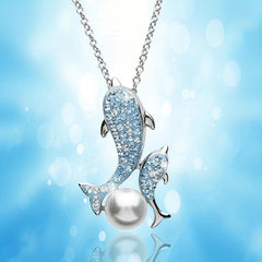 Women Dolphin Faux Pearl Rhinestone Pendant Necklace Sea Animal Jewelry