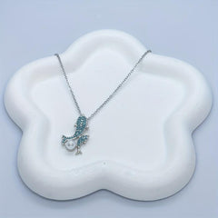 Women Dolphin Faux Pearl Rhinestone Pendant Necklace Sea Animal Jewelry