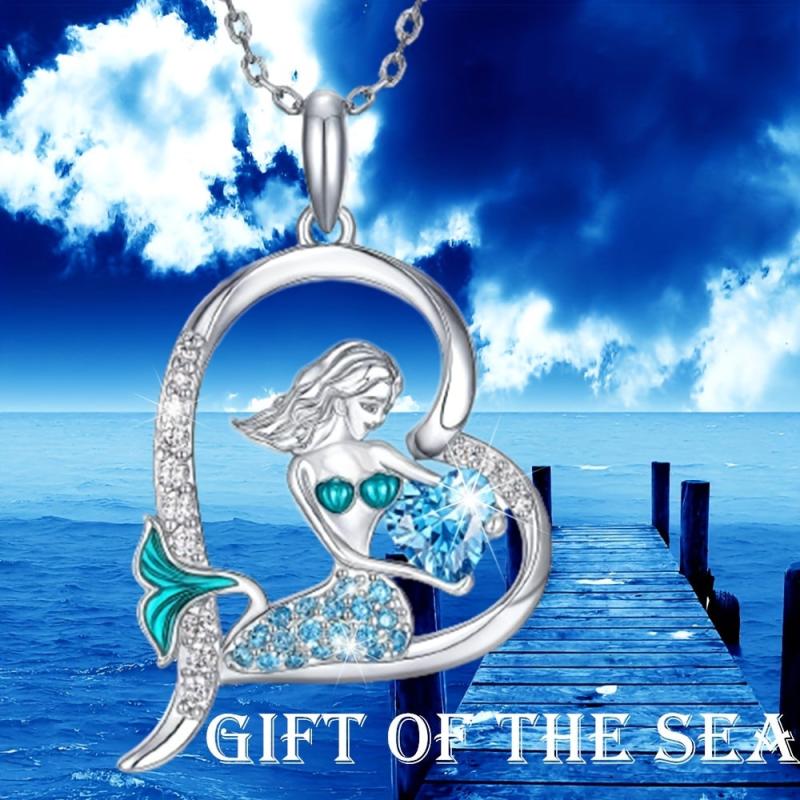 Heart Mermaid Crystal Charm Pendant Necklace For Women