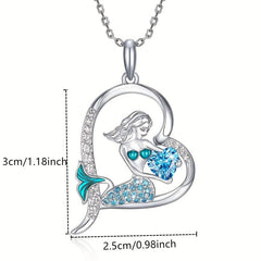 Heart Mermaid Crystal Charm Pendant Necklace For Women