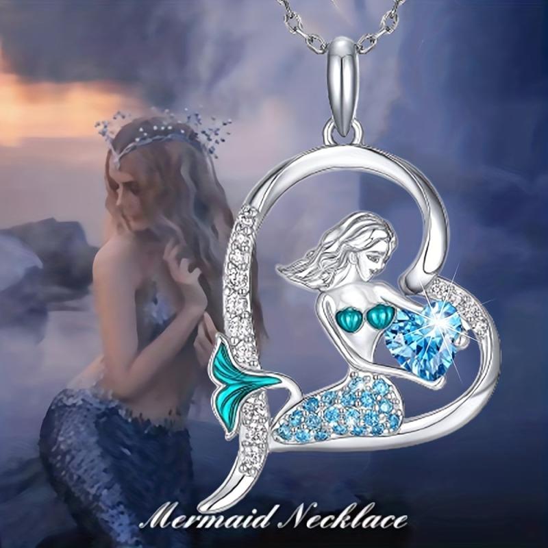 Heart Mermaid Crystal Charm Pendant Necklace For Women