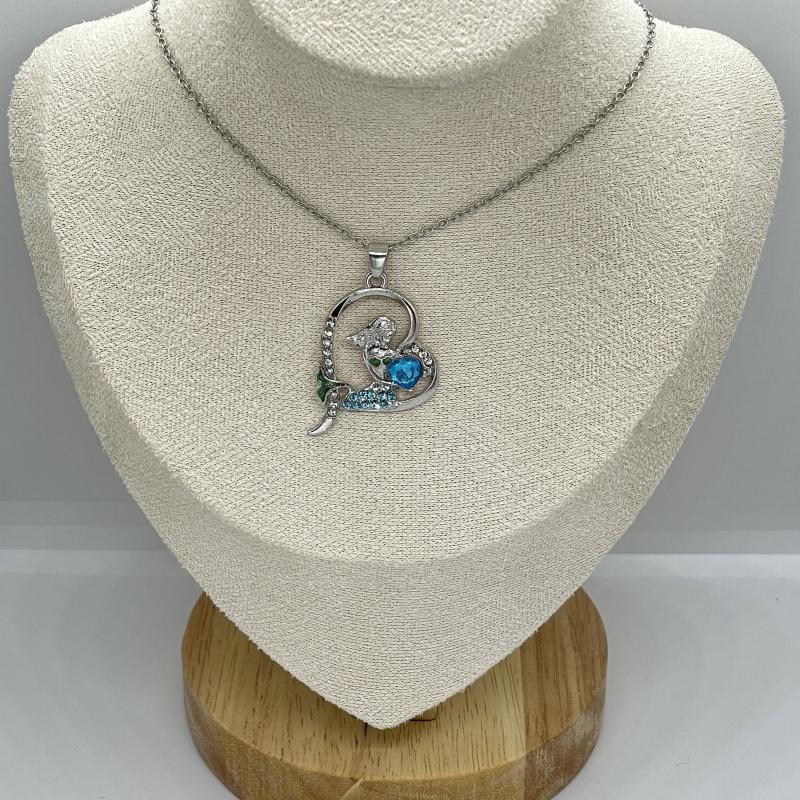 Heart Mermaid Crystal Charm Pendant Necklace For Women