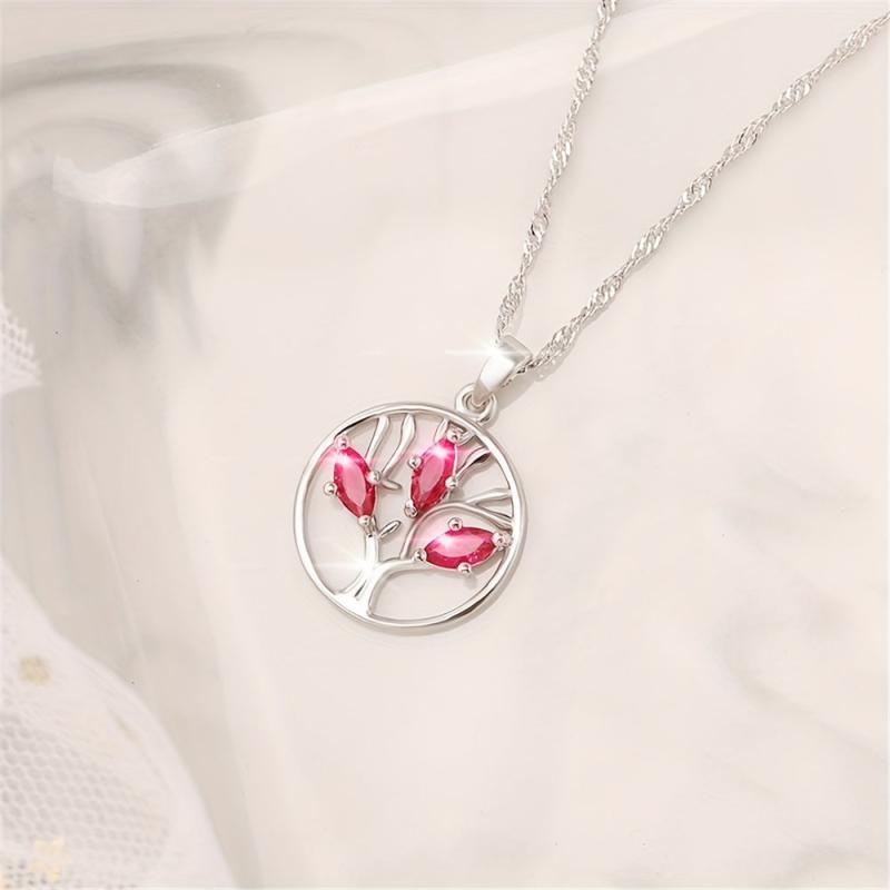 Red Crystal Tree Of Life Ring Pendant Necklace For Women