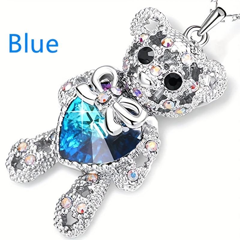 Little Bear Heart Shaped Crystal Pendant Necklace Men's Women's Jewelry