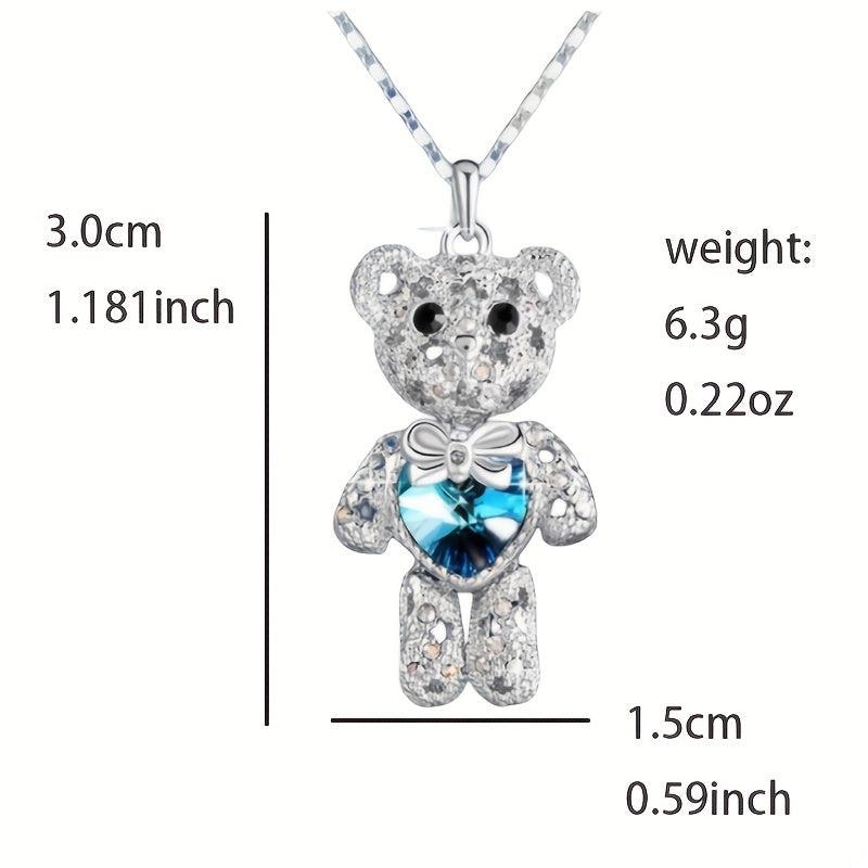 Little Bear Heart Shaped Crystal Pendant Necklace Men's Women's Jewelry