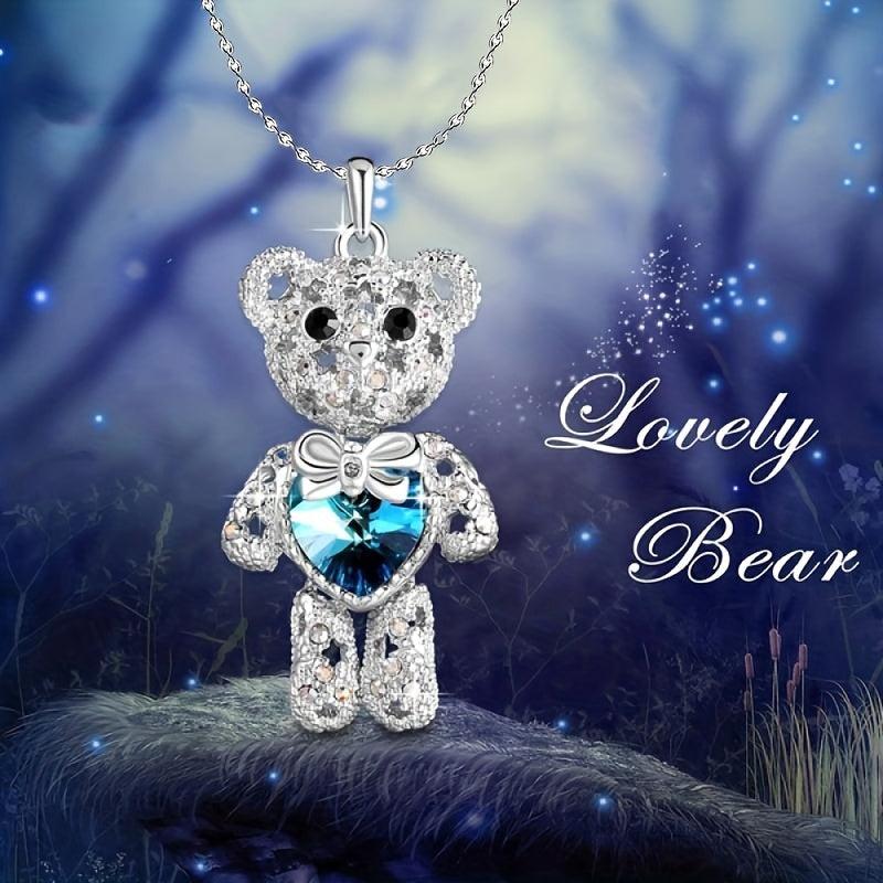 Little Bear Heart Shaped Crystal Pendant Necklace Men's Women's Jewelry