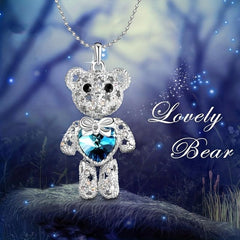Little Bear Heart Shaped Crystal Pendant Necklace Men's Women's Jewelry