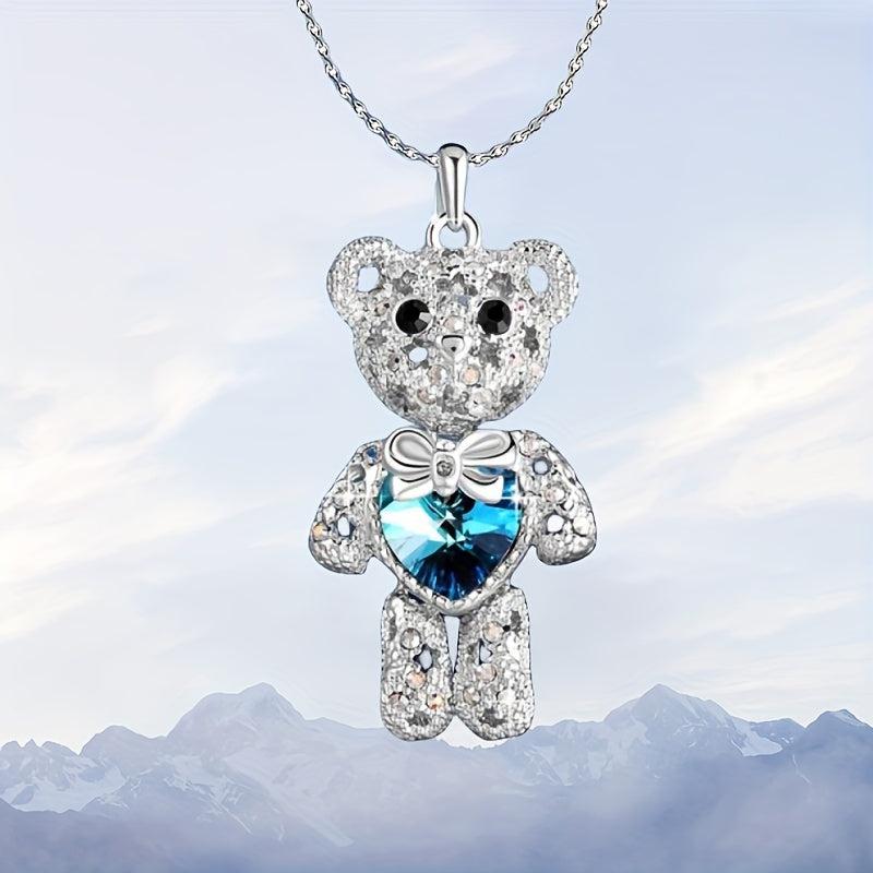 Little Bear Heart Shaped Crystal Pendant Necklace Men's Women's Jewelry