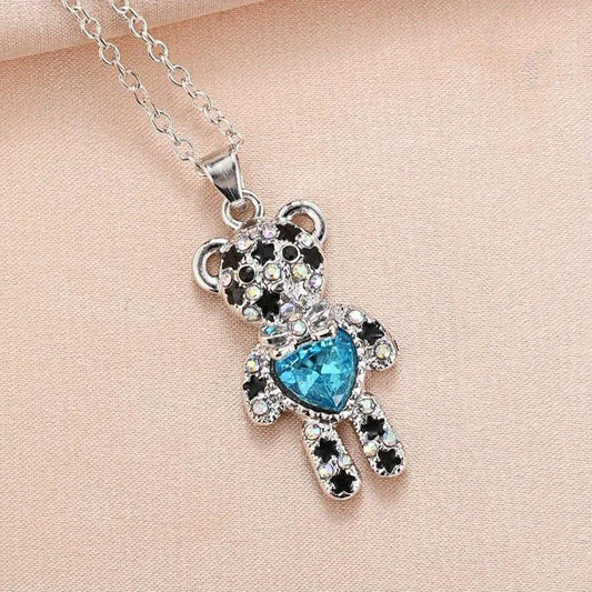 Little Bear Heart Shaped Crystal Pendant Necklace Men's Women's Jewelry
