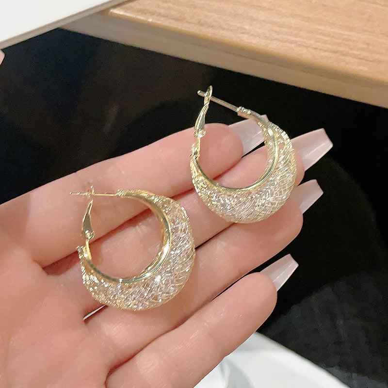 Hollow Mesh Earrings Golden Plated Crescent Earrings