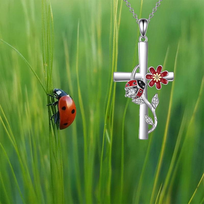 Ladybug Flower Cross Necklace for Women and Girls