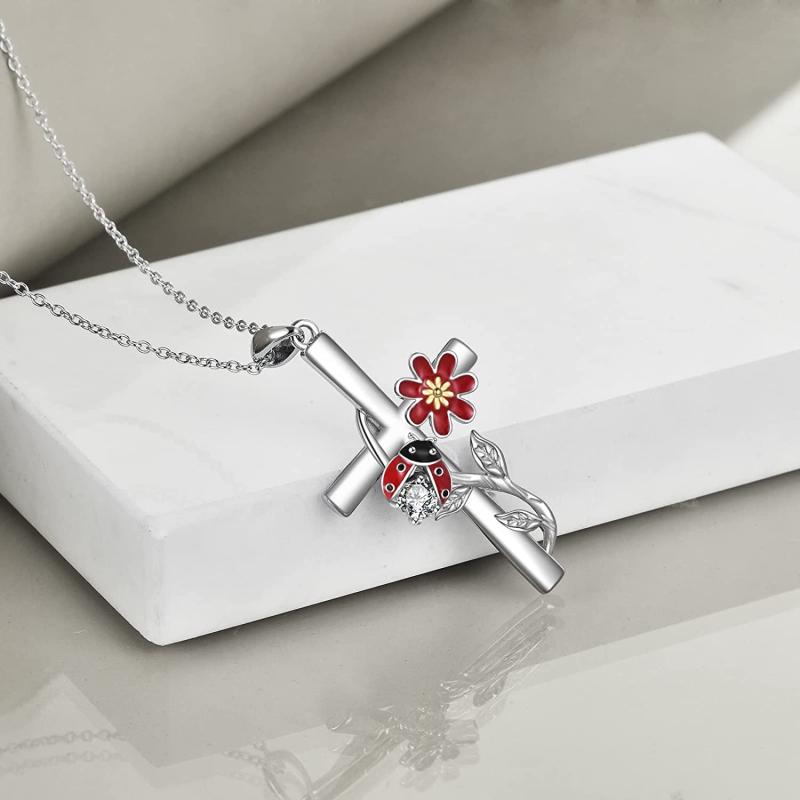 Ladybug Flower Cross Necklace for Women and Girls