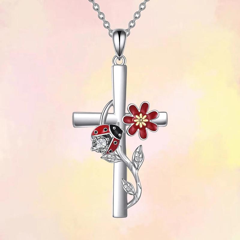 Ladybug Flower Cross Necklace for Women and Girls