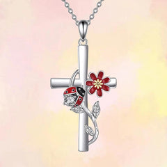 Ladybug Flower Cross Necklace for Women and Girls