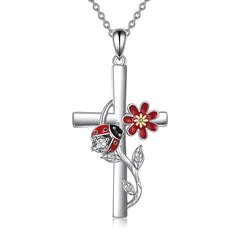 Ladybug Flower Cross Necklace for Women and Girls