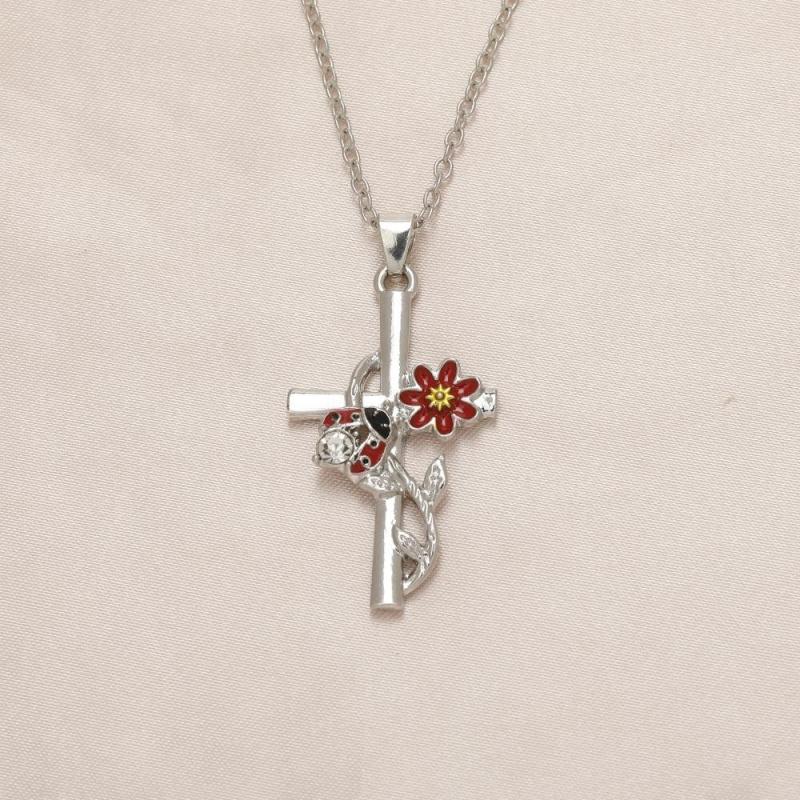 Ladybug Flower Cross Necklace for Women and Girls