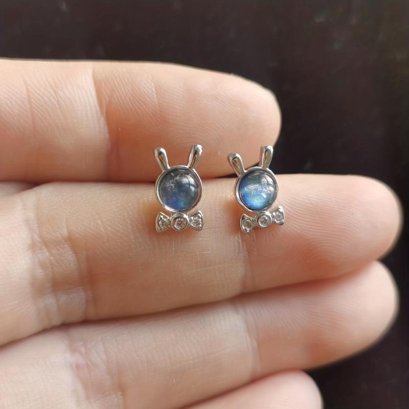 Moonstone Rabbit Stud Earrings Natural Crystal June Birthstone Jewelry