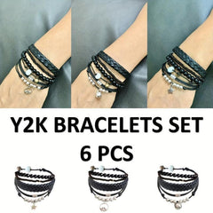 Y2K Bracelet Sets 6 Stackable Boho Hippie Gift Bead Bell Star Mountain