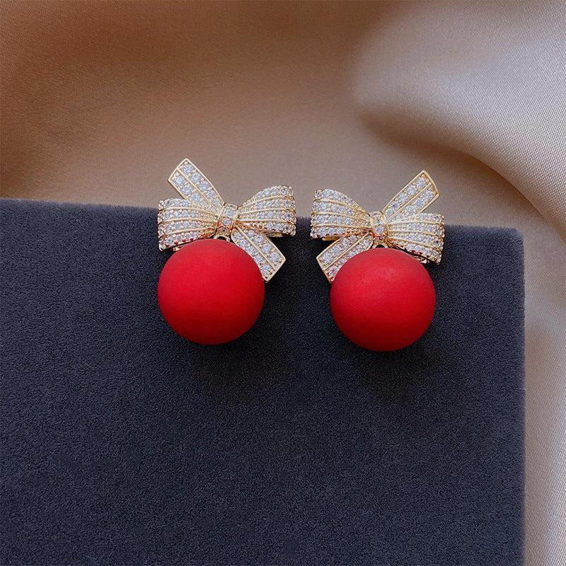 Red Ball Bow Glittering Earrings for Women Girls