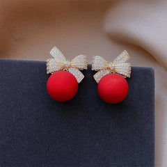 Red Ball Bow Glittering Earrings for Women Girls