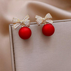 Red Ball Bow Glittering Earrings for Women Girls