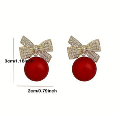 Red Ball Bow Glittering Earrings for Women Girls