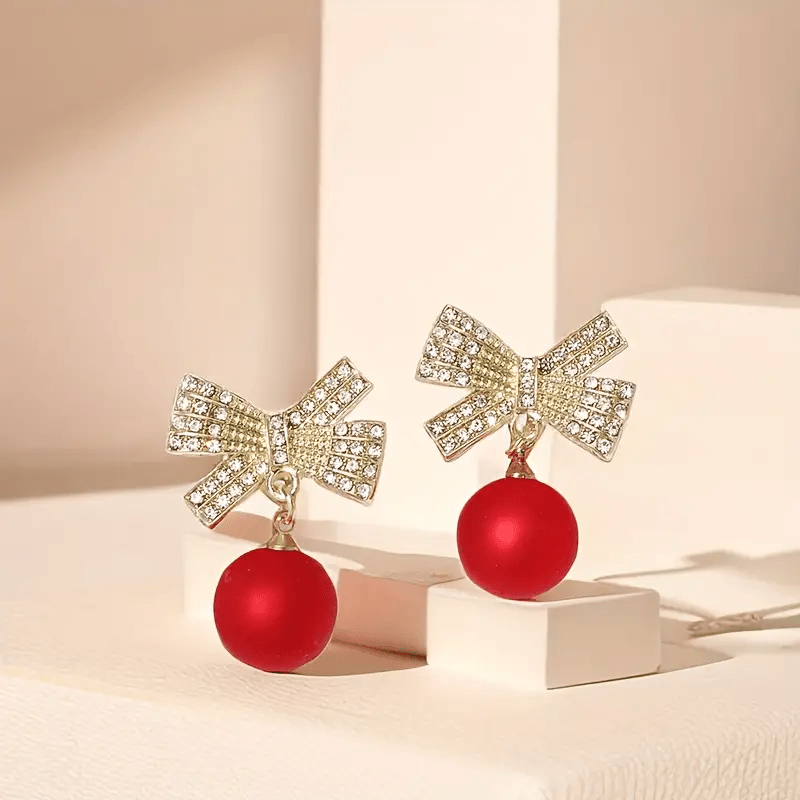 Red Ball Bow Glittering Earrings for Women Girls