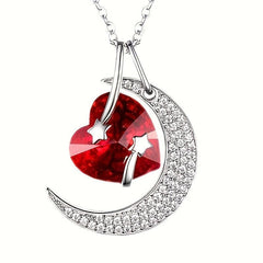 Moon Pendant Necklace Red Heart Crystal Ladies Banquet Jewelry
