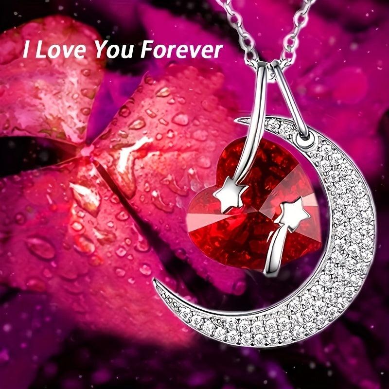 Moon Pendant Necklace Red Heart Crystal Ladies Banquet Jewelry