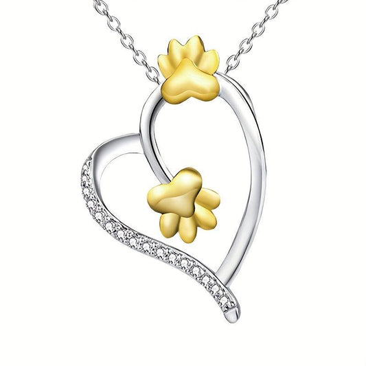 Cat Dog Paw Print Heart Pendant Necklace Holiday Gift