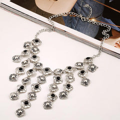 Retro Carved Gem Tassel Alloy Necklace for Women